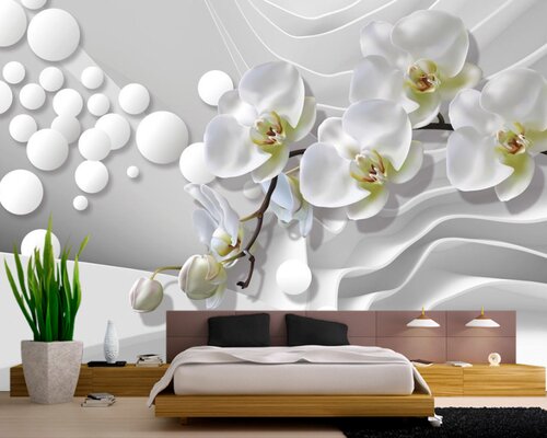 3D Ветка белых орхидей на светлом фоне