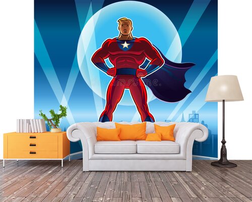 Супергерой на крыше на фоне луны Супергерой на крыше на фоне луны