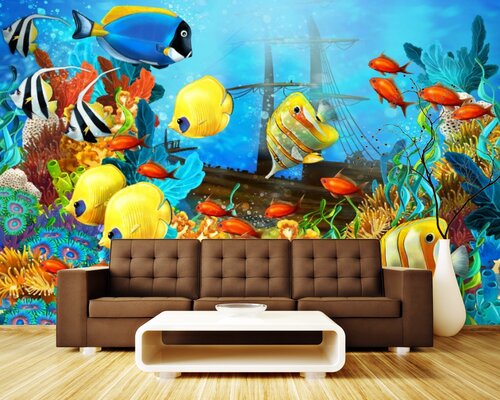 Под водой: Рыбки и утонувший корабль Под водой: Рыбки и утонувший корабль