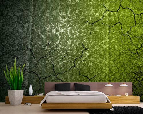 Зеленый орнамент обоев на стене Зеленый орнамент обоев на стене