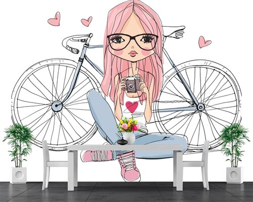 Милая девушка в очках и с велосипедом Милая девушка в очках и с велосипедом