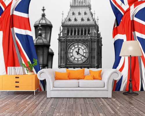 Биг-бен на фоне флага Великобритании Биг-бен на фоне флага Великобритании