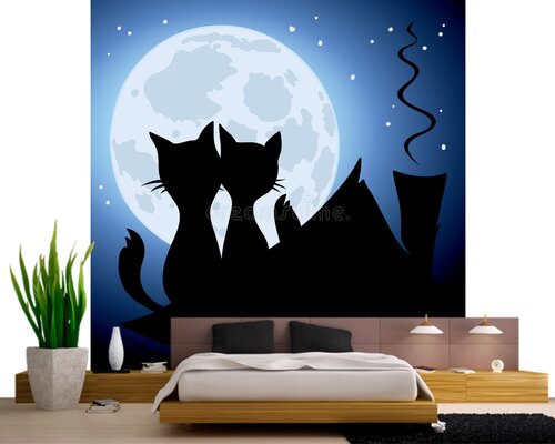 Влюбленные коты на фоне луны Влюбленные коты на фоне луны