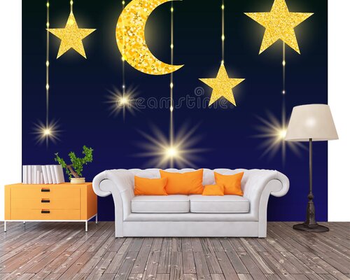 Золотые месяц и звездочки на ночном небе Золотые месяц и звездочки на ночном небе