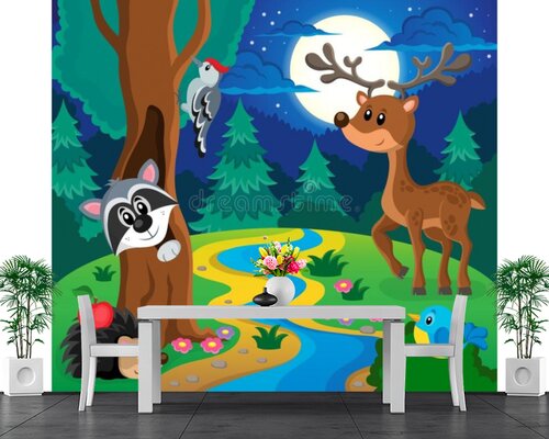 Лесные зверята ночью в лесу Лесные зверята ночью в лесу