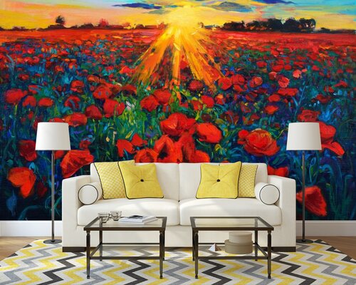 Красные полевые маки на закате Красные полевые маки на закате