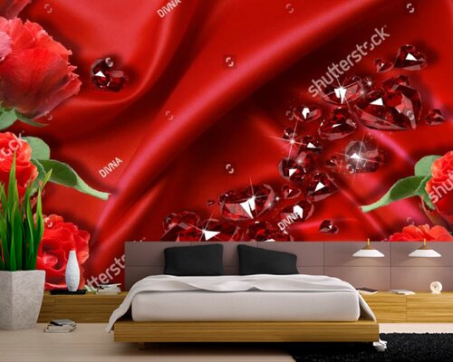 3D Томные розы на алом атласе с кристаллами 3D Томные розы на алом атласе с кристаллами