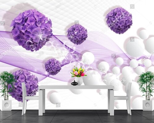 3D Фиолетовые цветы и сферы на белом фоне 3D Фиолетовые цветы и сферы на белом фоне