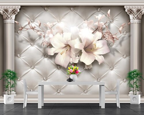 3D Нежные лилии на фоне кожаном фоне 3D Нежные лилии на фоне кожаном фоне