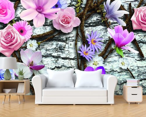 3D Цветы на фоне древесной коры 3D Цветы на фоне древесной коры