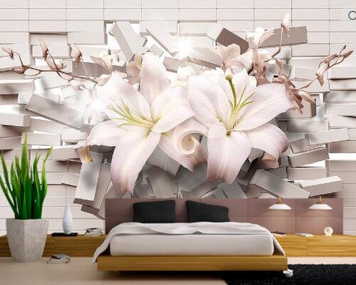 3D Белые лилии прорываются сквозь стену 3D Белые лилии прорываются сквозь стену
