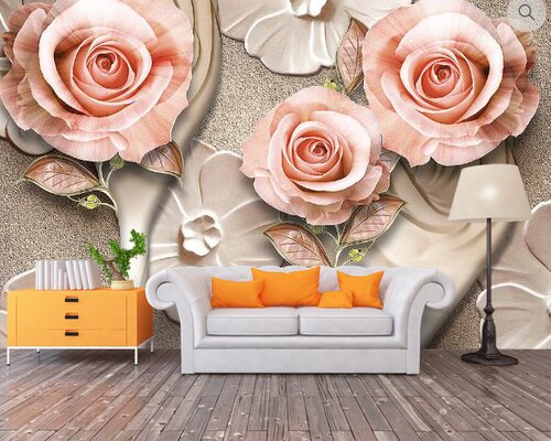 3D Розовые объемные розы на стене с лепниной 3D Розовые объемные розы на стене с лепниной