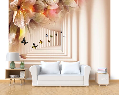 3D Тоннель ведущий вдаль окруженный лилиями с бабочками 3D Тоннель ведущий вдаль окруженный лилиями с бабочками