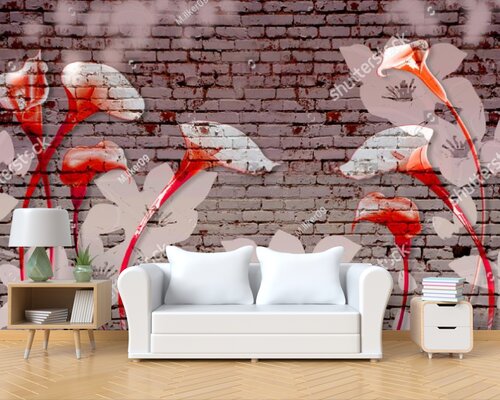 3D Цветы пропечатанные на кирпичной стене 3D Цветы пропечатанные на кирпичной стене