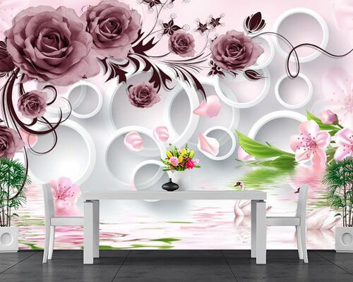 3D Композиция темных роз и лебедей 3D Композиция темных роз и лебедей