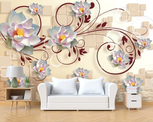 3D Лотосы цветущие на стене 3D Лотосы цветущие на стене