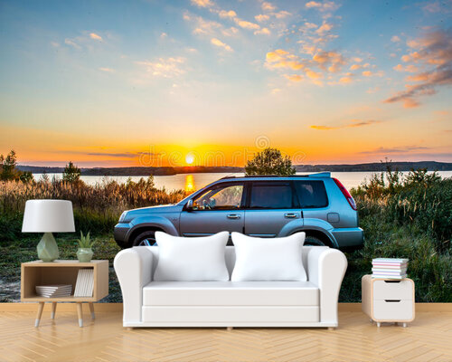 Автомобиль и рассвет на озере Автомобиль и рассвет на озере