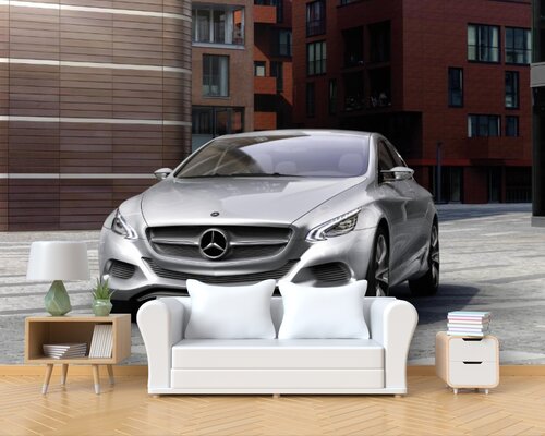 Стальной Мерседес на фоне здания Стальной Мерседес на фоне здания