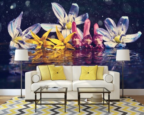 Разноцветные цветы на черной воде Разноцветные цветы на черной воде