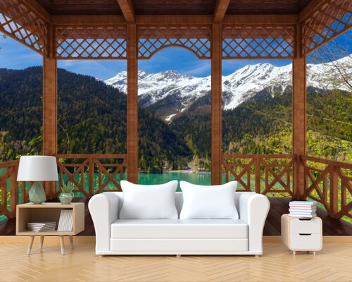 Вид из беседки на заснеженные горы Вид из беседки на заснеженные горы