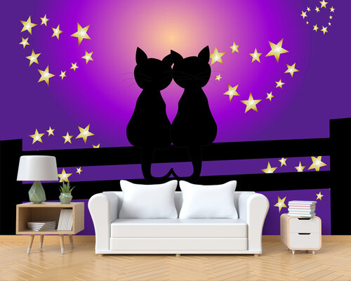 Влюбленные кот и кошечка при луне Влюбленные кот и кошечка при луне