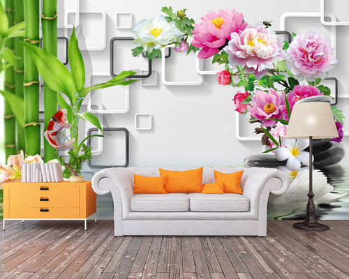 3D Пионы, бамбук и лебеди над водой 3D Пионы, бамбук и лебеди над водой