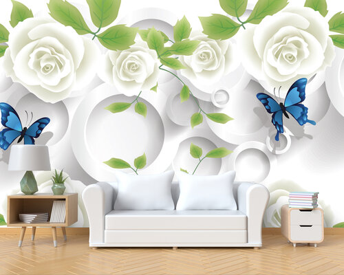 3D Белые розы и синие бабочки 3D Белые розы и синие бабочки