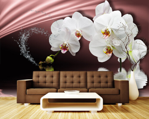 3D Белые орхидеи на розовом атласе 3D Белые орхидеи на розовом атласе