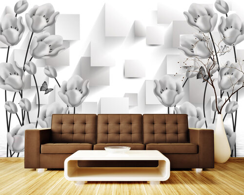 3D Белые цветы в сером 3D Белые цветы в сером