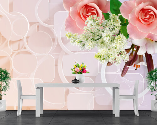 3D розы и лилии на фоне стены с абстракцией 3D розы и лилии на фоне стены с абстракцией