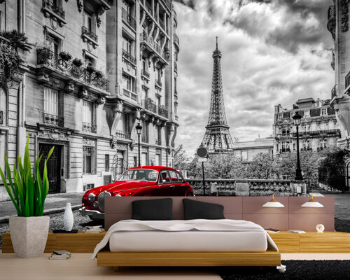 Красный автомобиль на парижской улочке Красный автомобиль на парижской улочке