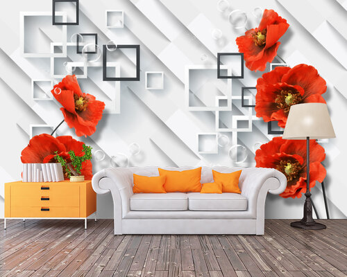 3D Красные маки на объемном фоне с квадратами 3D Красные маки на объемном фоне с квадратами