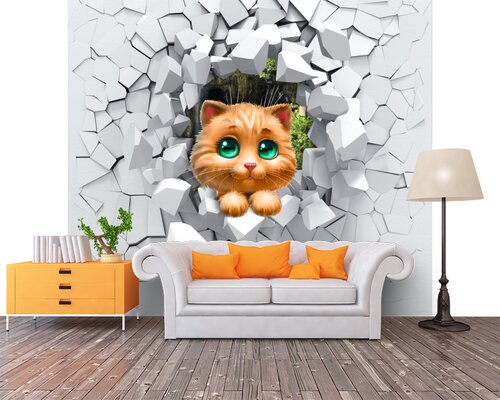3D Милый котенок с зелеными глазами прыгает сквозь стену 3D Милый котенок с зелеными глазами прыгает сквозь стену