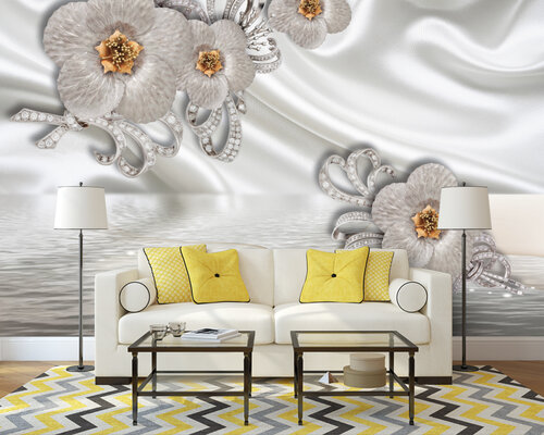 3D Серебряные цветы на белом шелке 3D Серебряные цветы на белом шелке