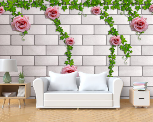 3D Вьющийся куст роз на кирпичной стене 3D Вьющийся куст роз на кирпичной стене
